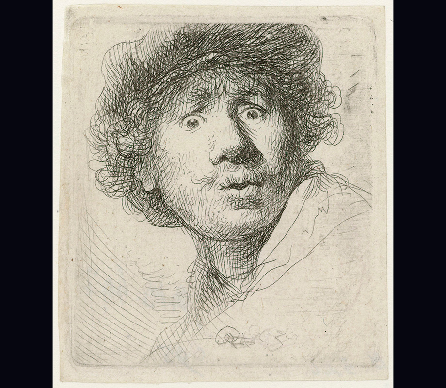 Rembrandt Harmensz, Self-portrait in a cap, wide-eyed and open-mouthed, 1630 (photograph by Rijksmuseum and courtesy of National Gallery of Victoria).
